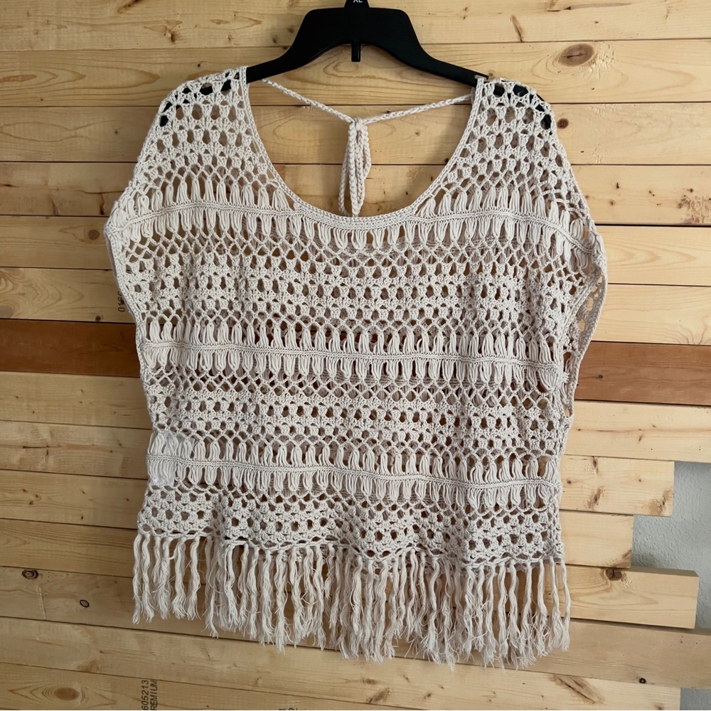 EMSEXCITE Women’s Tan Crocheted Knit Fringe Tie back Bohemian Sweater Top size M